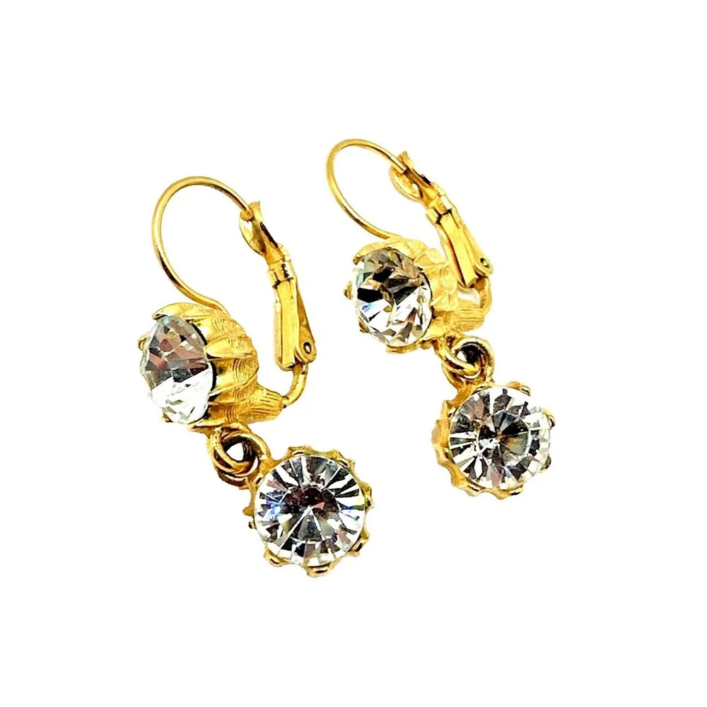 Vintage Bijoux Tempo Crystal Rhinestone Dangle Earrings Gold Tone Pierced 1.5”